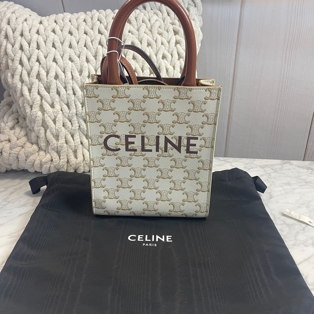 Celine Triomphe Mini Vertical Cabas in Beige with Brown Handles